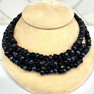 Vintage 1950s European Couture Glass Bead Bib Necklace Mid Century Leather